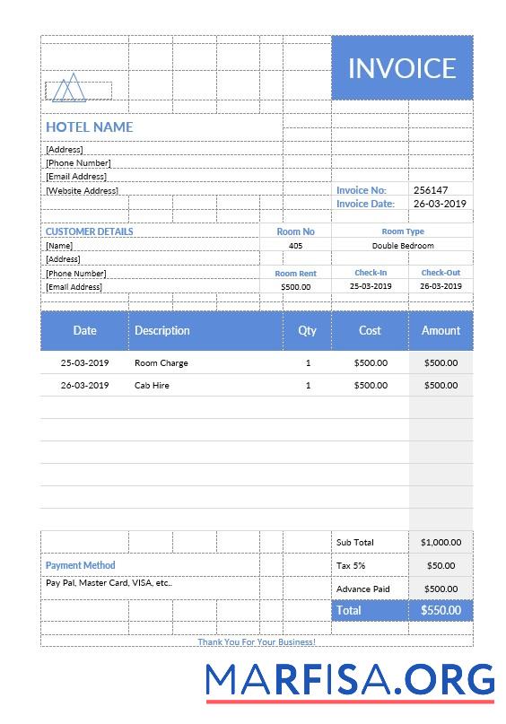 Printable Hotel Stay Invoice Template